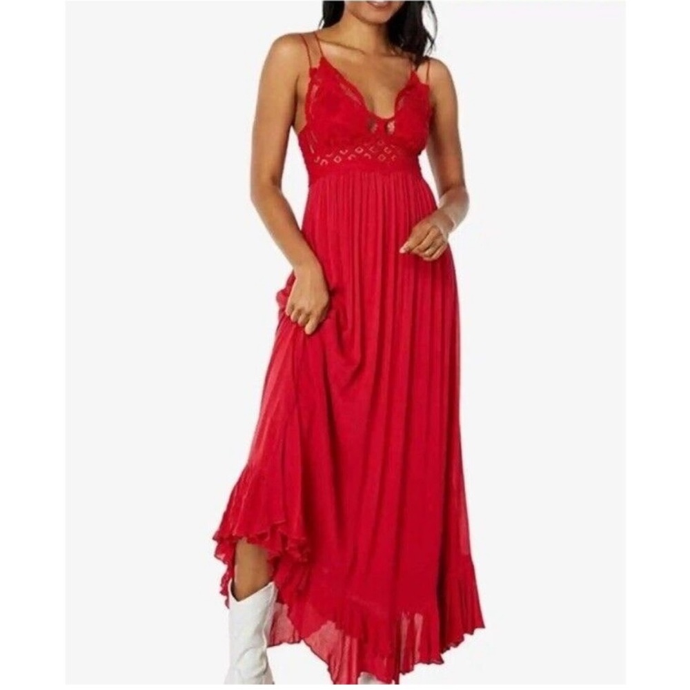 Free People Adella Maxi Slip Bright Red Medium Crochet Lace Smock